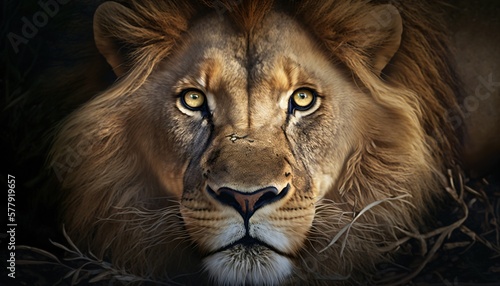 Lion dans la savane Africaine, portrait façon documentaire animalier du roi des animaux, ia générative 7
