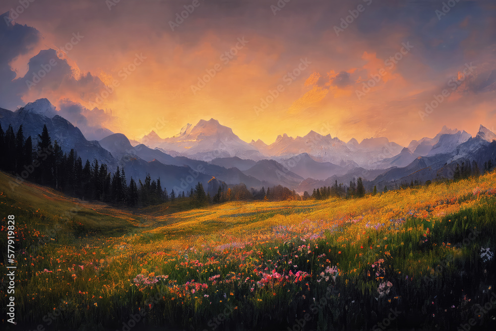 A beautiful mountain meadow full of flowers. Digital art.