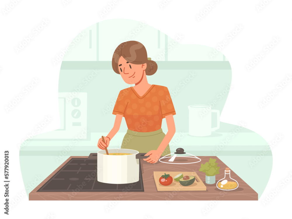 Woman housewife cooks soup in the kitchen. Cooking at home, homemade dish Woman housewife cooks soup in the kitchen. Cooking at home, homemade dish