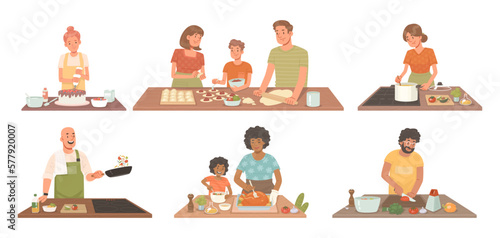Set of characters preparing meals. A pastry chef making a cake, a family making dumplings, a housewife making soup