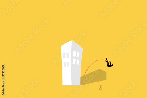 businessman jumping pole vault over building. concept of Business growth, increase earning and profit.