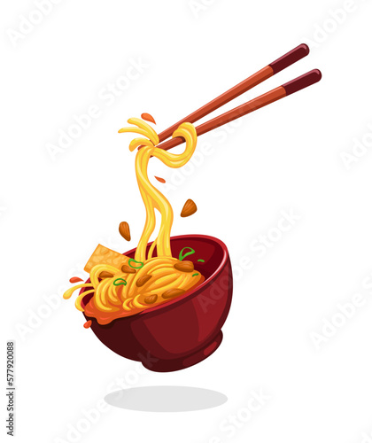 Chicken noodle food bowl and chopstick symbol cartoon illustration vector