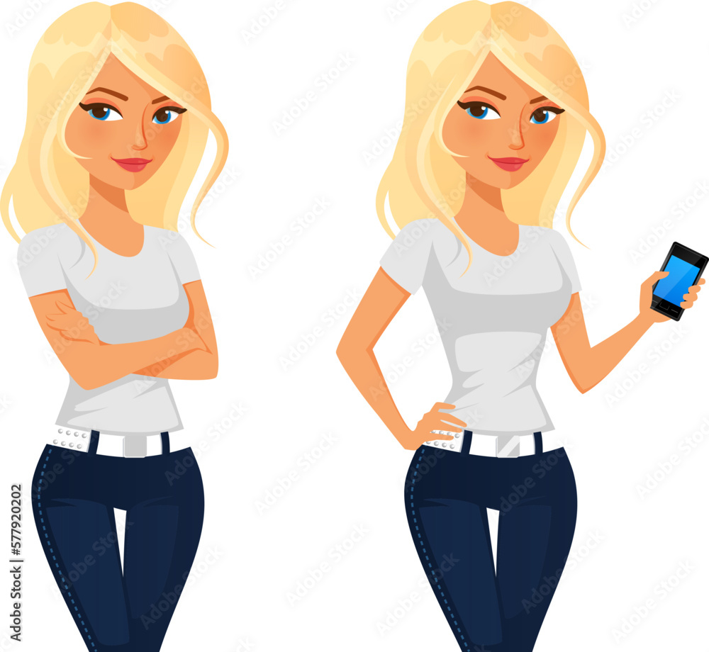 cute cartoon character of a young blonde woman in jeans, standing with her arms crossed or holding a cell phone cute cartoon character of a young blonde woman in jeans, standing with her arms crossed or holding a cell phone