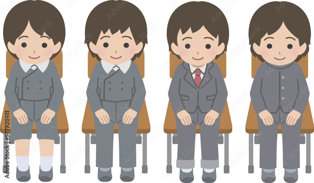 Naklejka premium 椅子に座って並ぶ男児 制服