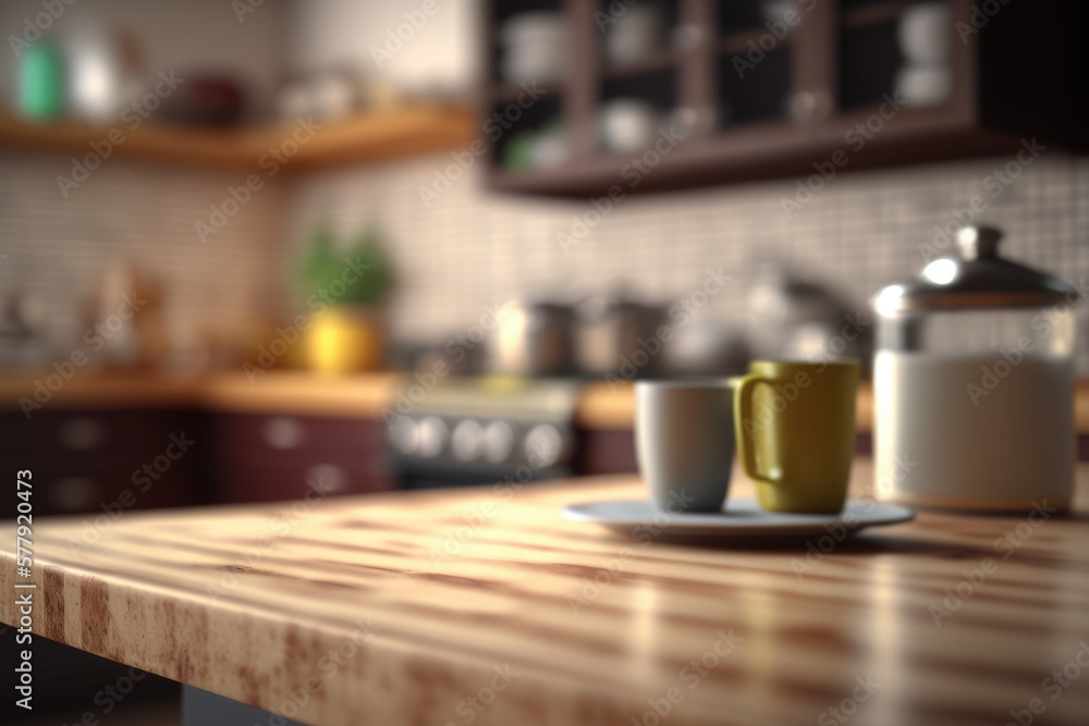 Empty wooden kitchen table with blurred background Generative AI