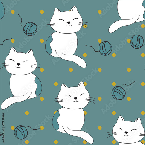 Seamless pattern with cute kitten print. Different scandy cats on color background. Scandinavian style illustration for kids. Vector illustration for fabric, textile, wallpaper, home clothing, pajama