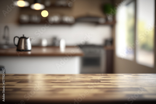 Empty wooden kitchen table with blurred background Generative AI