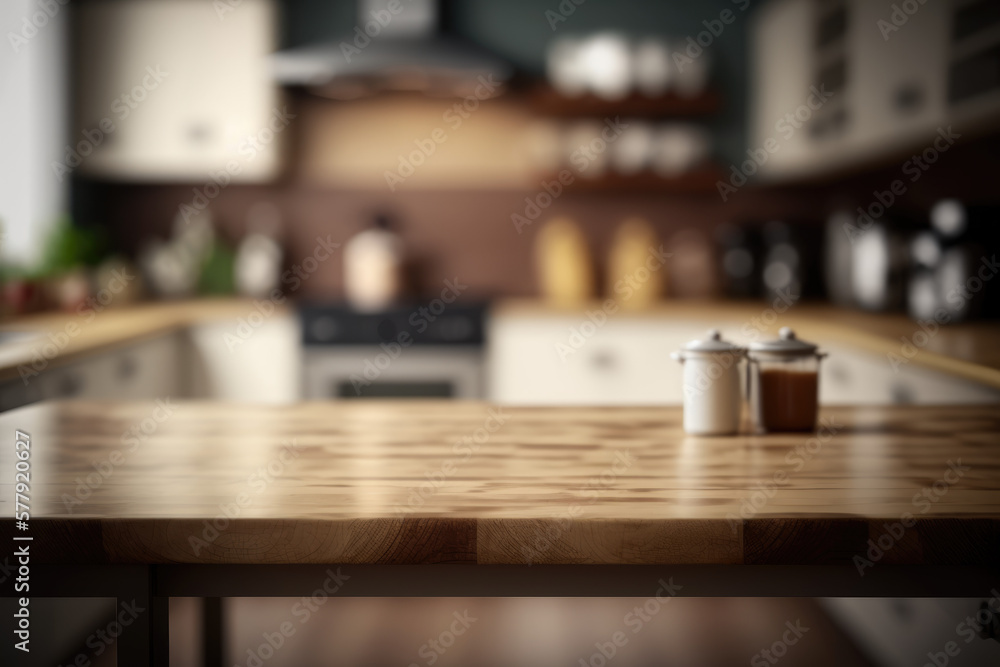 Empty wooden kitchen table with blurred background Generative AI