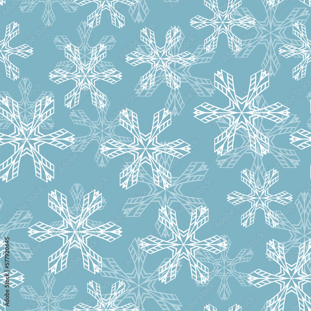Fototapeta premium Winter seamless pattern with white snowflakes on blue background. Vector illustration for fabric, textile wallpaper, posters, gift wrapping paper. Christmas vector illustration. Falling snow