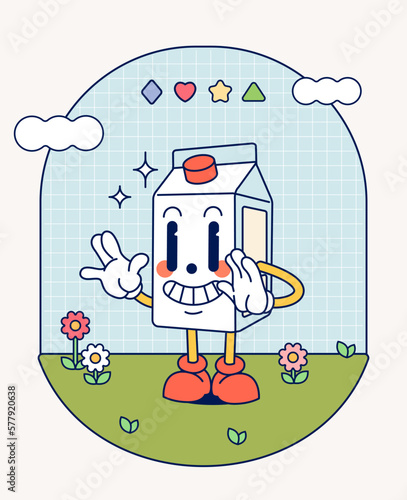 Hand draw Funny Retro vintage trendy style box milk cartoon character Contemporary illustration Doodle Comic collection