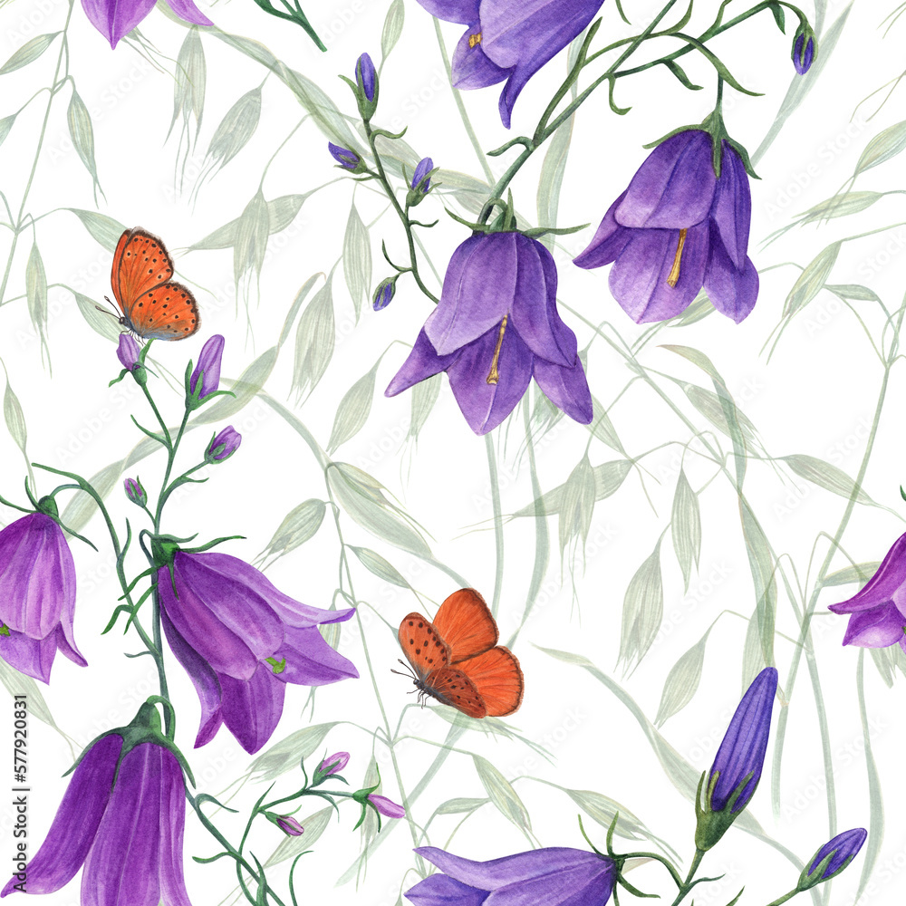 Floral seamless pattern of campanula, wild oats, flying butterflies. Watercolor hand drawn illustration for poster, scrapbooking, invitations, prints, wallpaper, fabric, textile, wrapping.