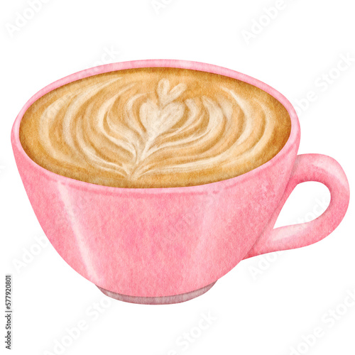 Pink coffee cup with latte art watercolor illustration