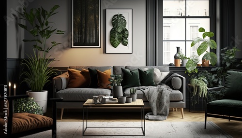 modern living room, featuring a comfortable sofa, coffee table, rug, and other furniture, as well as decorative elements such as artwork, plants, and lighting © OOTIDI