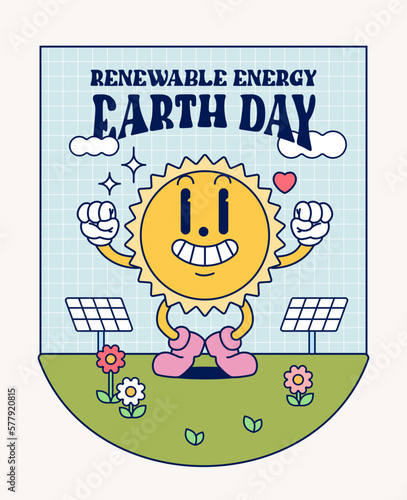 Funny vintage Retro trendy style sun cartoon character Contemporary illustration Doodle Comic Environment friendly eco energy poster