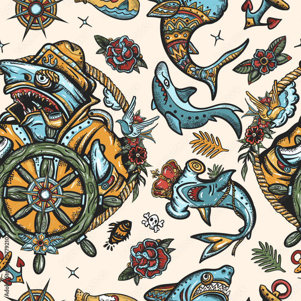 Sharks seamless pattern. Sea wolf, captain in the sea, sailor at helm. Old school tattoo style. Jellyfish, anchor, underwater life