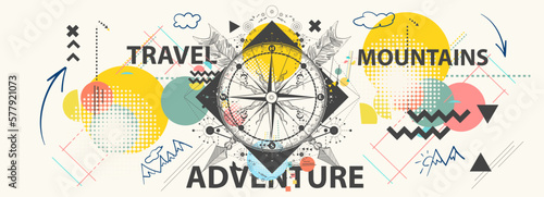 Outdoor. Compass and crossed arrows. Zine culture banner. Hand drawn vector glitch tattoo, contemporary cyberpunk collage. Vaporwave art