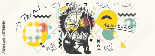 Wolf and mountains double exposure. Banner. Symbol of tourism, travel, adventure and outdoor. Zine culture concept. Hand drawn vector glitch tattoo, contemporary cyberpunk collage