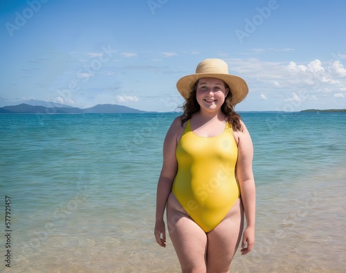 A fat teenage girl enjoys her vacation at tropical beach. Generative AI