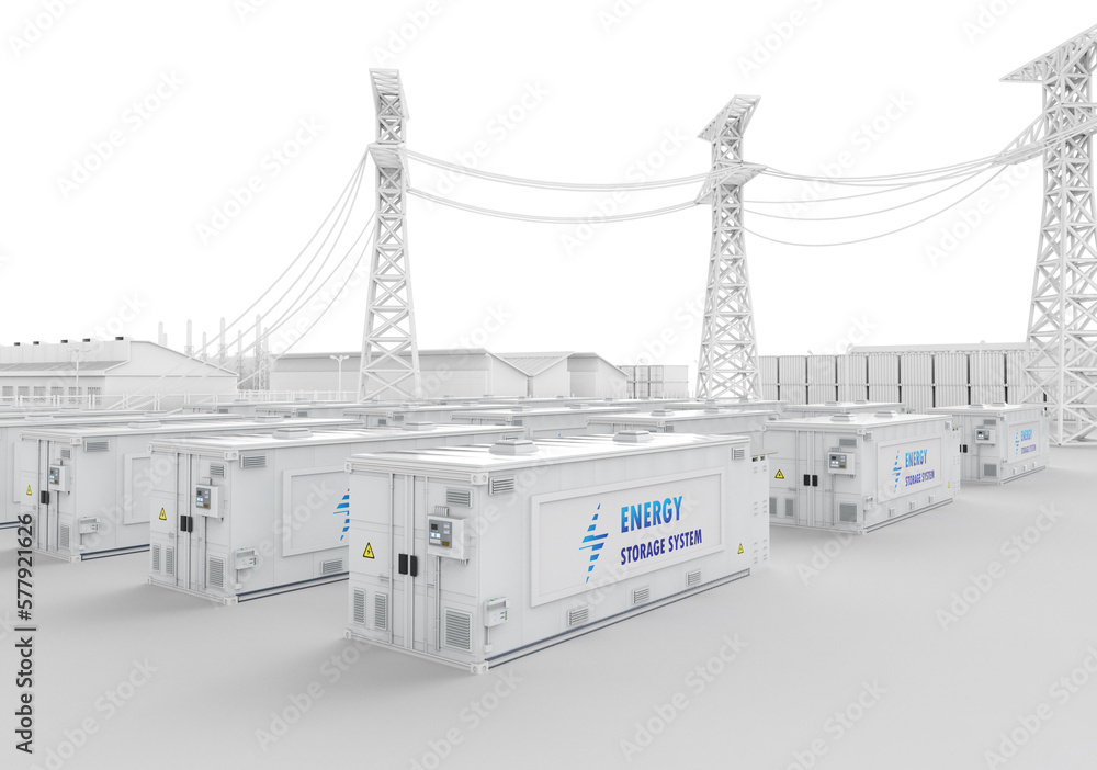 Energy storage system or battery container unit with white industry model for infrastructure development - obrazy, fototapety, plakaty 