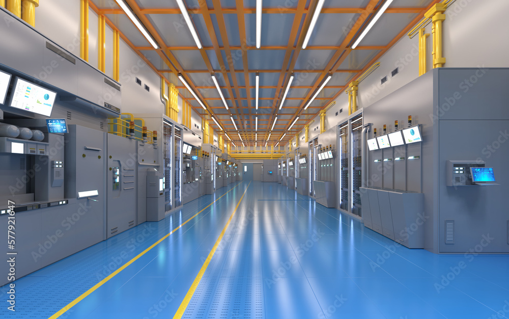 Fototapeta premium White futuristic semiconductor manufacturing factory or laboratory interior with machine and computer screen