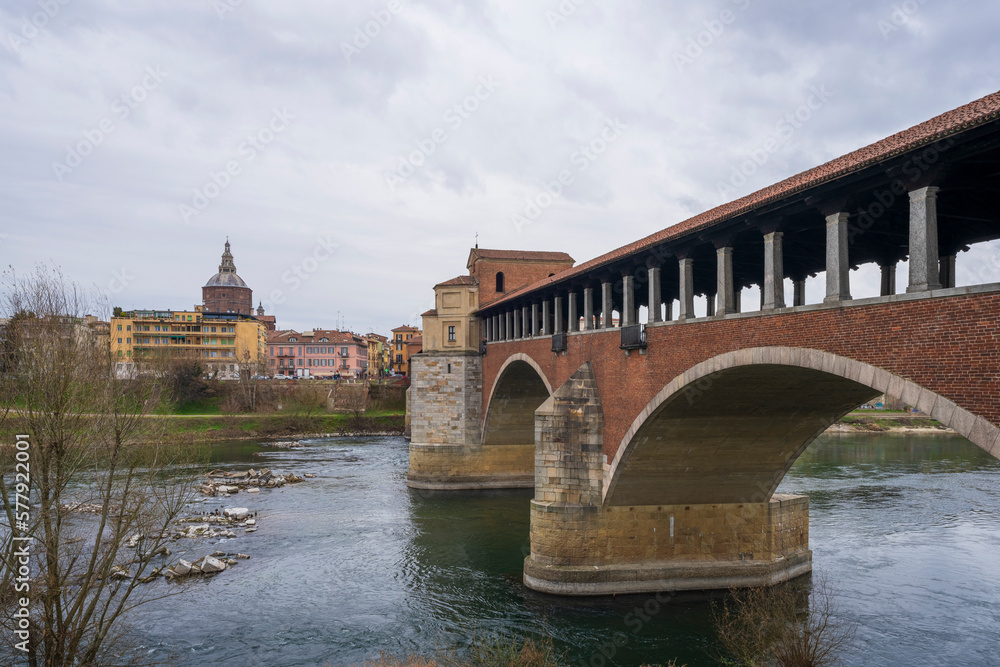 Bridge over Ticino river in Pavia at overcast day