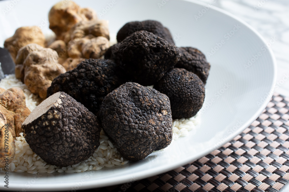 A view of a plate full of black and white truffles. A view of a plate full of black and white truffles.