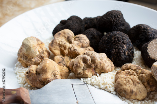 A view of a plate full of white and black truffles.