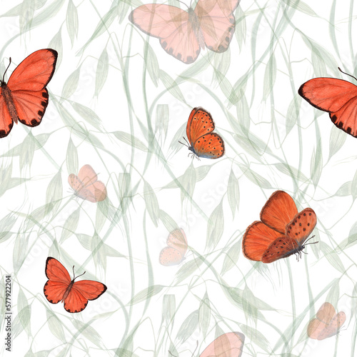 Fototapeta Naklejka Na Ścianę i Meble -  Watercolor seamless pattern of flying orange butterflies isolated on background of wild oats. For greeting card design, invitation template, background, prints, wallpaper, fabric, textile, wrapping.
