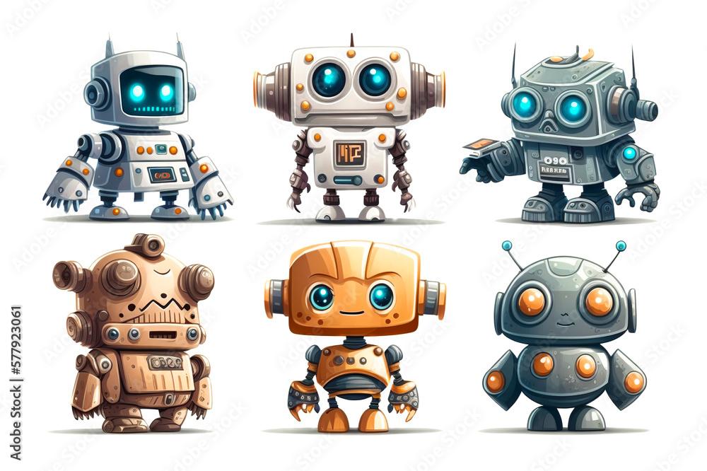 Set of cute robots on white background. Generative AI illustrations of  cartoon robots. Stock Illustration | Adobe Stock