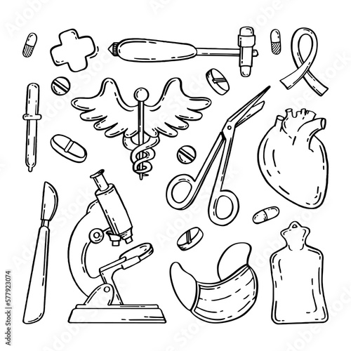 Medical pharmaceutical hospital device set of drawings. Vector illustration of medical equipment, hand drawn