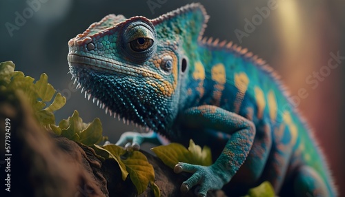 beautiful colored chameleon lizard up close   green iguana on a branch