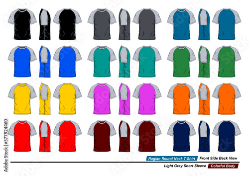 Front, side and back view of round neck raglan t-shirt, light gray short sleeve and colorful body