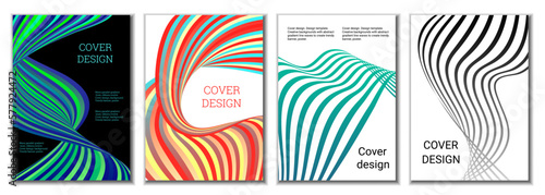 A set of 4 abstract covers. Wavy parallel gradient lines, ribbons evolve. Cover design, background. Trendy banner, poster. © HALINA YERMAKOVA