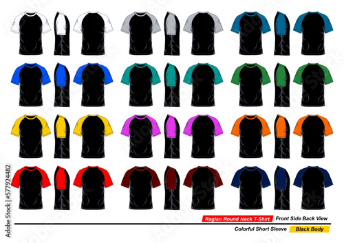 Front  side and back view of round neck raglan t-shirt  colorful short sleeve and black body