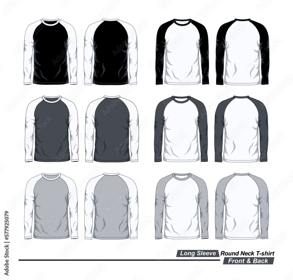 Long sleeve round neck raglan t-shirt, front and back view, black, white and gray