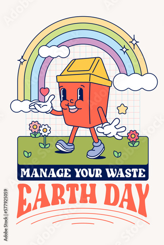 Funny vintage Retro trendy style Environment friendly earth day trash bin cartoon character Contemporary illustration Doodle Comic rainbow