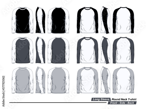 Long sleeve round neck raglan shirt, front, side and back view, black, white and gray