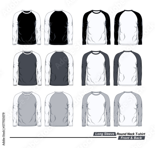 Long sleeve round neck raglan t-shirt  front and back view  black  white and gray