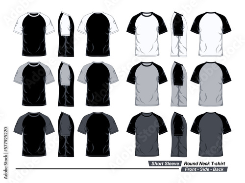 Front, side and back view of short sleeve round neck raglan t-shirt, black, white and gray