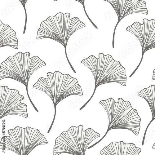 Seamless floral pattern with ginkgo biloba leaves. Art flowers on color background. Decorative sceleton leaf. Vector hand drawn illustration. Minimal linear style