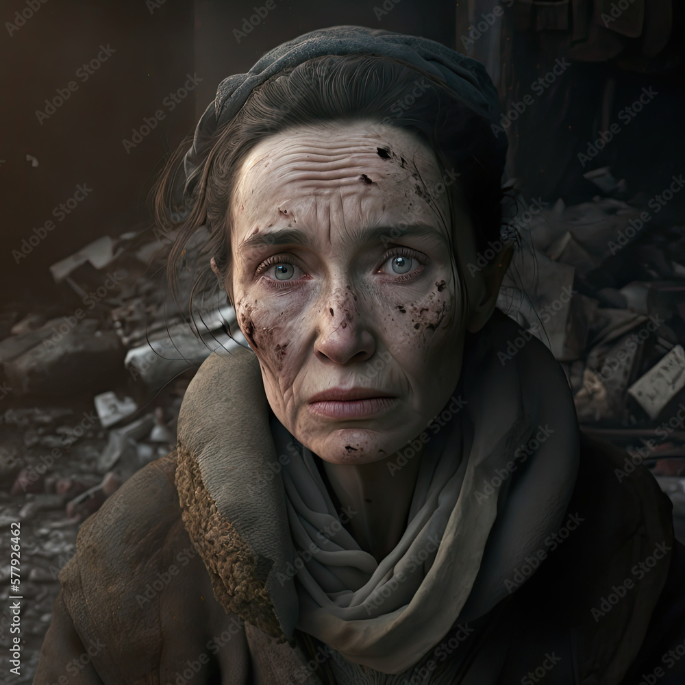 Sad Woman Aftermath of Bombing, Generated AI, Generated, AI, artificial human no model release