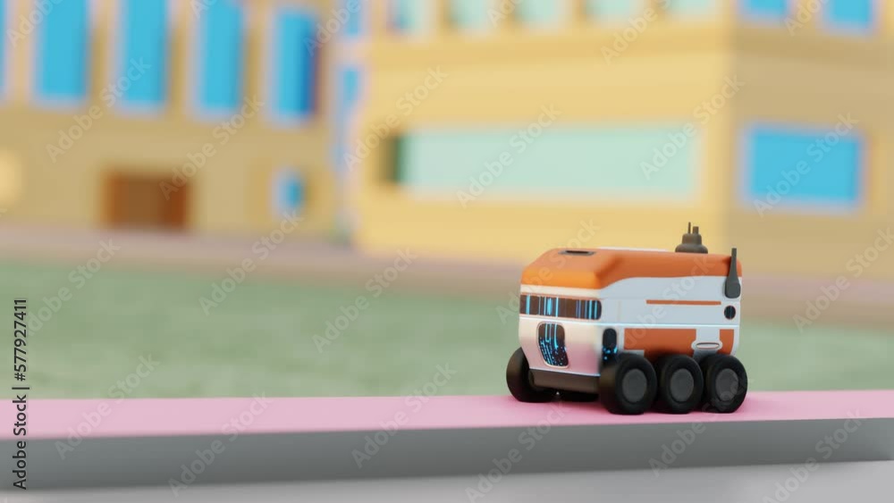 a stylized model of a delivery robot rides along a city street. 3d render animation a stylized model of a delivery robot rides along a city street. 3d render animation