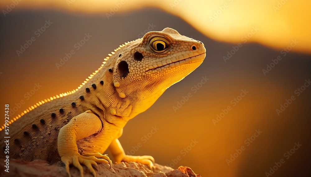 Fototapeta premium lizard on a rock, Lizard side view, golden hour