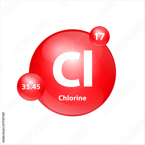 Chlorine (Cl) icon structure chemical element round shape circle red easily.  Chemical element of periodic table Sign with atomic number. Study in science for education. 3D Illustration vector.
