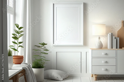 Blank white frame mock up for interior scandinavian room minimal style  living room decoration  generative ai