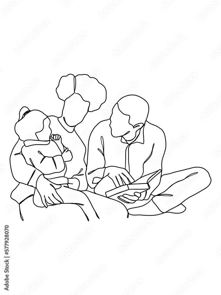 Continuous one line drawing of happy family. Continuous one line drawing of happy family.