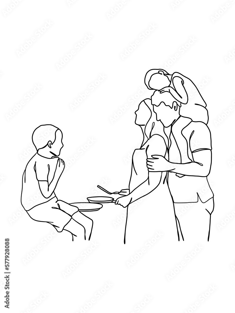 Continuous one line drawing of happy family.