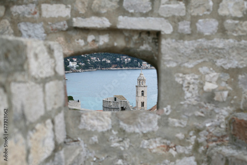 Looking through an ancient window in historic walled city of Dubrovnik