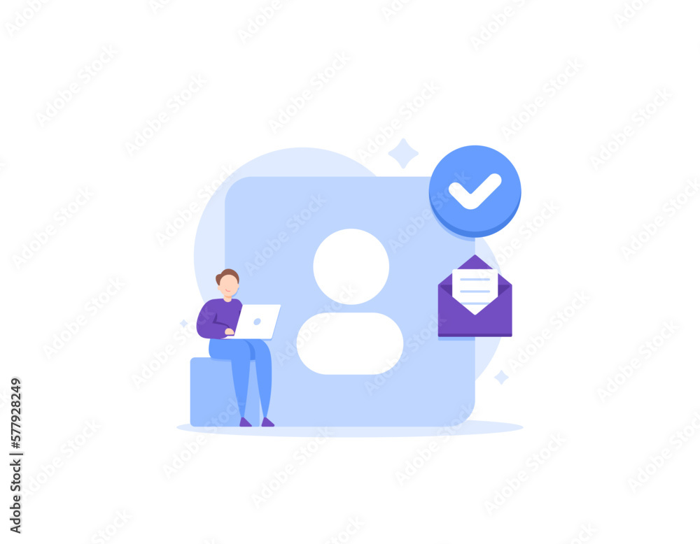 account verification or account authorized. registration process for user to get status as verified user. a man doing verification process to new account. illustration concept design. vector elements account verification or account authorized. registration process for user to get status as verified user. a man doing verification process to new account. illustration concept design. vector elements