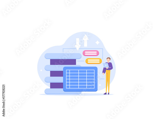 Database Administrators. data entry. a staff or employee on duty to planning, executing, maintaining, and improving the database. establish and test database. occupation. illustration concept design. 